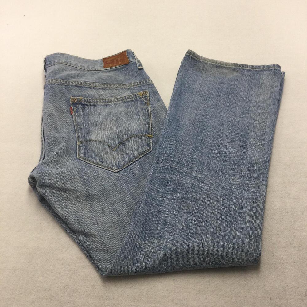 Levis Red Jeans Mens 32x32 Blue Light Wash Bootcut Denim Distressed Zip Fly